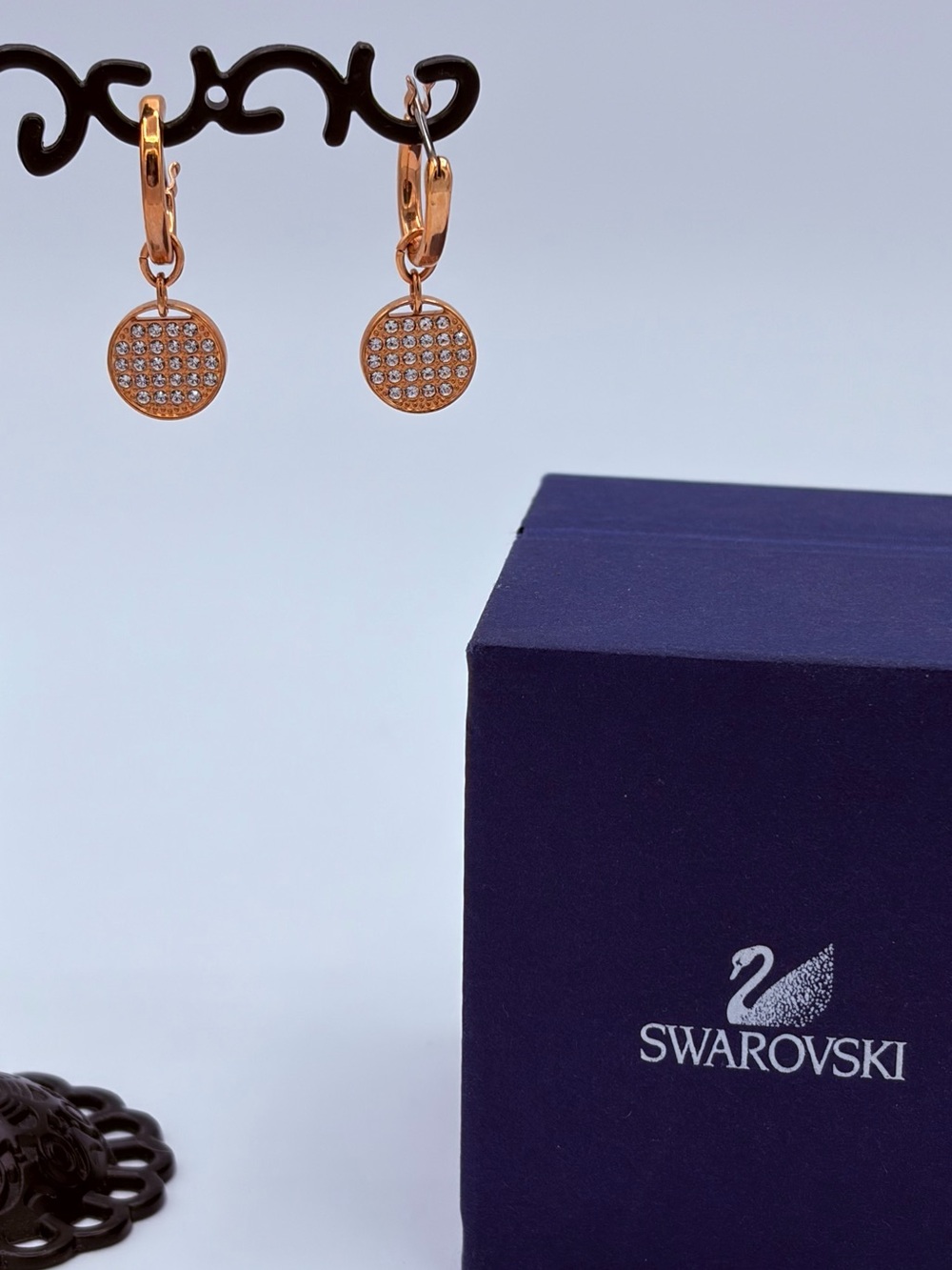 Swarovski Rose Gold Pavé Disc Hoop Drop Ginger ring earrings Classic No box Fall